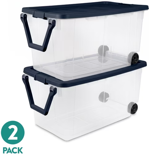 Sterilite 160 Qt XL Clear Plastic Wheeled Storage Bin 2-Pack with Latch Lid and Pull Handle Deal