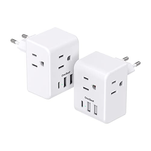 2 Pack of European Travel Plug Adapters W/3 Outlets, 3 USB Charging Ports (1 USB C)