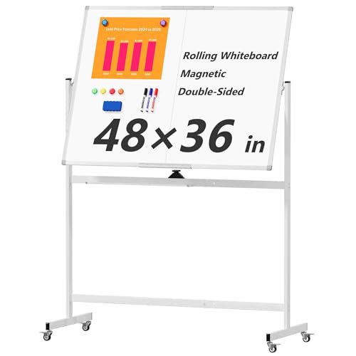 Large Rolling Whiteboard on Wheels, 48" x 36" Double-Sided Mobile White Board with Stand Deal