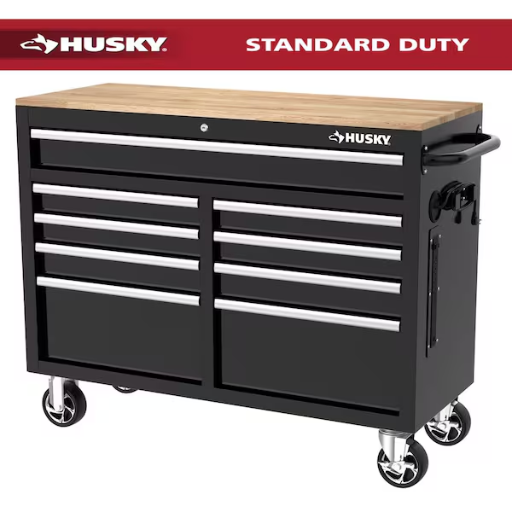 Husky Tool Storage 46 in. W x 18 in. D 9-Drawer Mobile Workbench Cabinet in Gloss Black