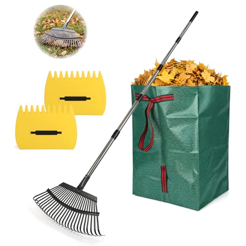 Ajimy 25-Tine Extendable Handle Heavy Duty Metal Rake Set w/ Leaf Scoops and 53-Gal Bag Deal