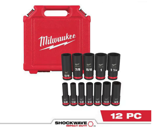 12-Piece Milwaukee SHOCKWAVE 1/2" Drive Metric Deep Well 6 Point Impact Socket Set