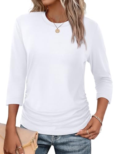 WIHOLL Womens 3/4 Length Sleeve Crewneck Ruched Summer Shirts