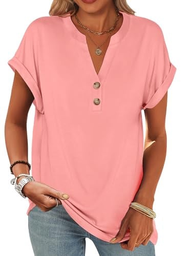 ANRABESS Womens Short Sleeve Henley Tops V Neck Dressy Casual Blouses Summer Trendy Tee Shirts Coral M