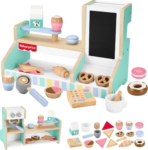 20-Piece Fisher-Price Wood Pretend Play Coffee Shop & Toy Register Wooden Food Playset Deal