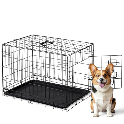 DUMOS 30" Medium Single Door Dog Crate W/Divider Panel and Plastic Leak-Proof Pan Tray