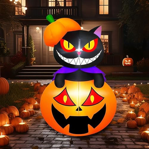 5FT Halloween Inflatables Pumpkin Cat with Built-in LED Lights