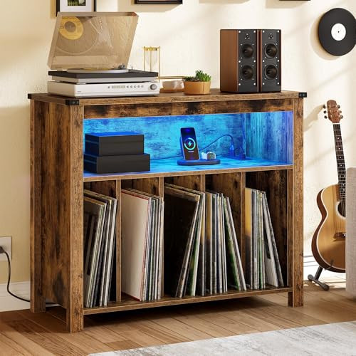Large Record Player Stand w/ Power Outlets & LED Lights