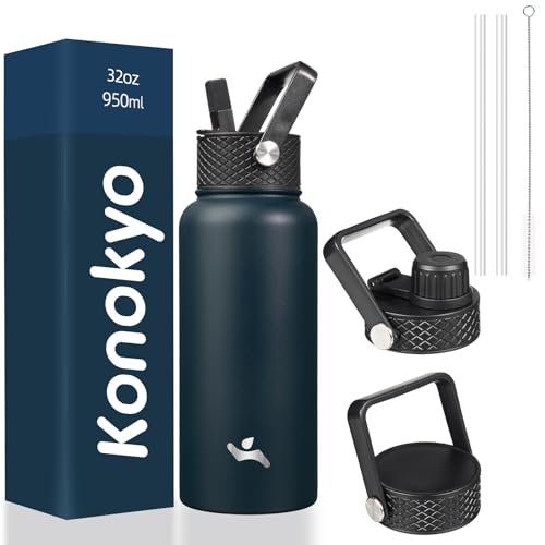 Konokyo Insulated Stainless Steel Water Bottle 32-Oz w/ 3 Lids