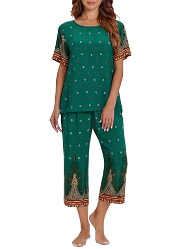 Ekouaer Women's Two Piece Lounge Set Short Sleeve Shirt and Capri Pants Mumu Pajama with Pockets