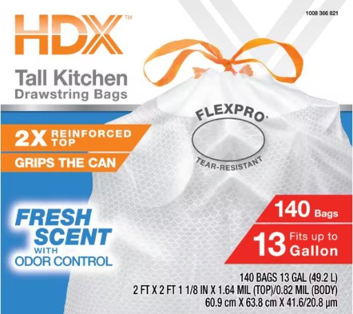 HDX Flexpro 13 Gal. Reinforced Top Drawstring Fresh Scent Kitchen Trash Bags (140-Count)