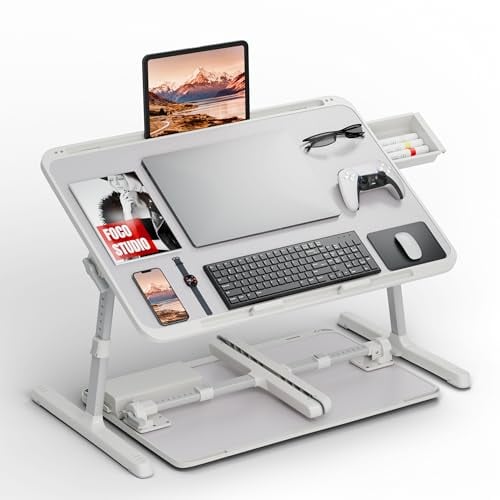 Potuopy 23" X-Large Adjustable Foldable Laptop Lap Desk with Hidden Drawer & 5-Level Height