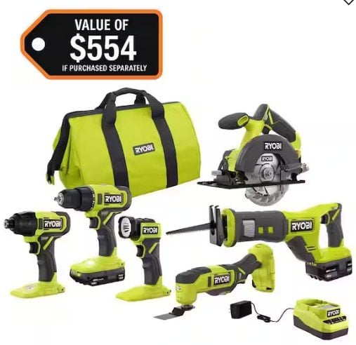 RYOBI ONE+ 18V Cordless 6-Tool Combo Kit w/ 1.5Ah + 4.0Ah Batteries Deal