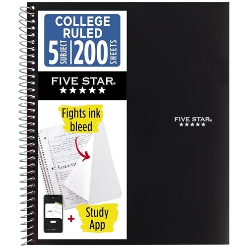 Five Star Spiral Notebook + Study App, 5 Subject, College Ruled, 200 Sheets