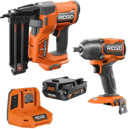 RIDGID 18V Brushless 18-Gauge Brad Nailer & 1/2 in. Impact Wrench Combo Kit with 2.0 Ah Battery