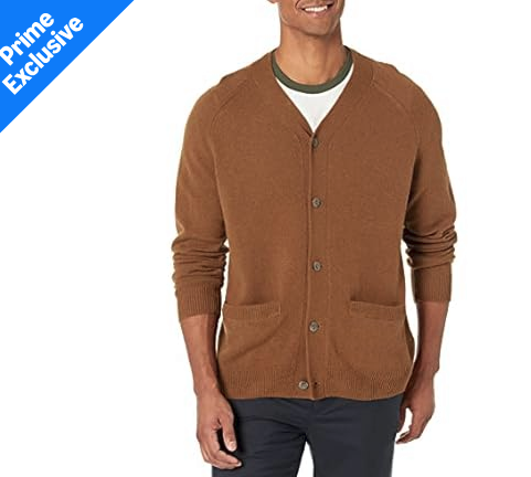 Amazon Essentials Men's Brown Lambs Wool V-Neck Cardigan Sweater w/ Pockets (Large/Tall)