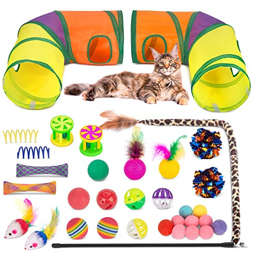 39.4" Retro Shaw Large Cat Tunnel W/ 33-Piece Toys Set