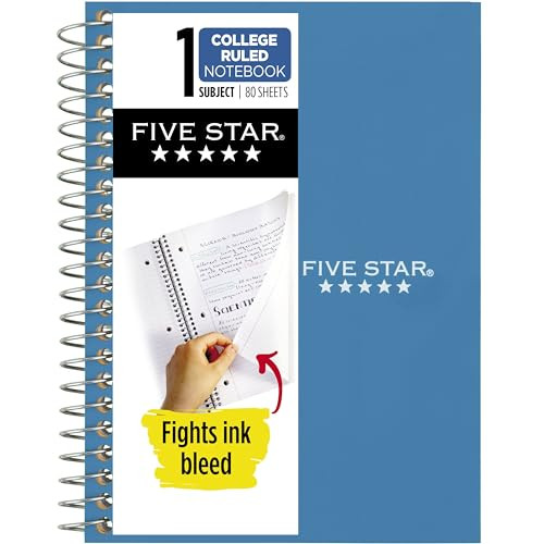 Five Star Spiral Notebook, 1 Subject, College Ruled, 4-3/8" x 7", 80 Sheets