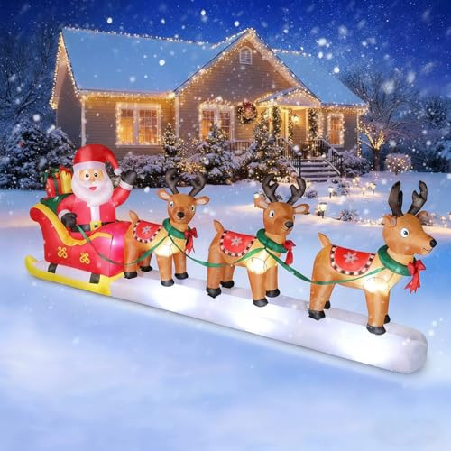 12FT Long Christmas Inflatables Santa Claus with Reindeers 