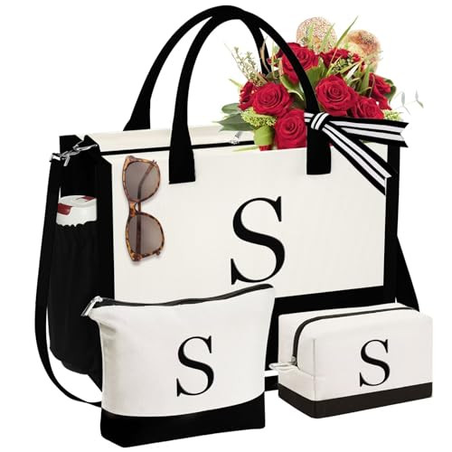 Initial Tote Bag & Makeup Bag 3-Pcs