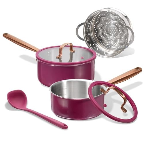 (Prime Deal) CAROTE 1.5Qt & 3.0Qt Stainless Steel Saucepan Set with Steamer & Ladle