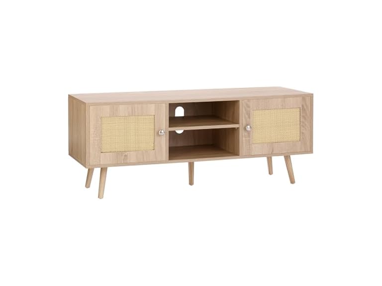 VEVOR 47" Rattan TV Stand for 65" TVs w/ Built-In Socket, USB Ports & Adjustable Shelf (Oak) Deal