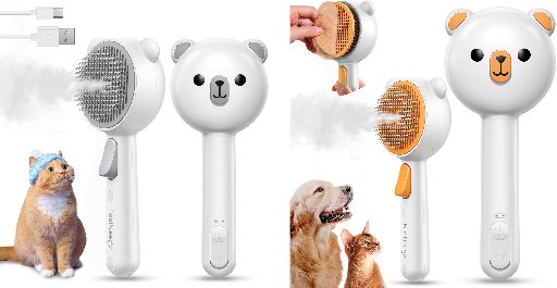 Pet Steam Brush with Release Button, Dual Speed Spray, and USB Charging