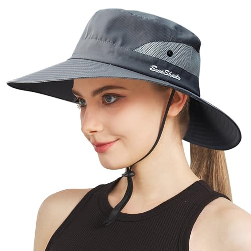 NPJY 50+ UPF Bucket Hat w/ 3" Brim Grey w/ Ponytail Hole