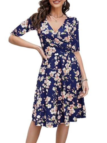 oxiuly Women's Criss-Cross Necklines V-Neck Half Sleeve Floral Casual Work Stretch Tea Swing Dress
