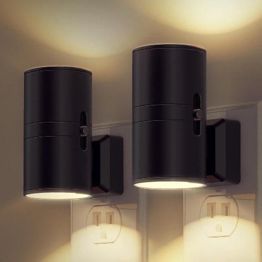 L LOHAS Black Dimmable LED Plug-In Cylindrical Night Lights w/ Dusk-to-Dawn Sensor (3000K Soft White) 2-Count