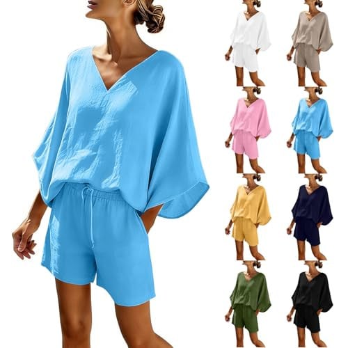 Linen Sets for Women 2 Piece Summer Shorts and Shirt Sets Deal