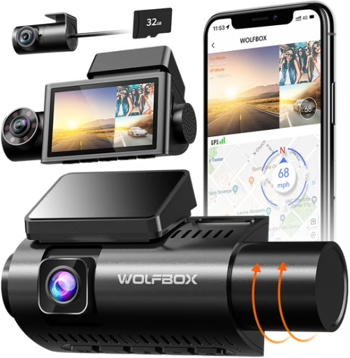 WolfBox 3 Channel 4K Dash Cam with 3" LCD Display, Built-in WiFi & GPS, Free 32GB Card Deal