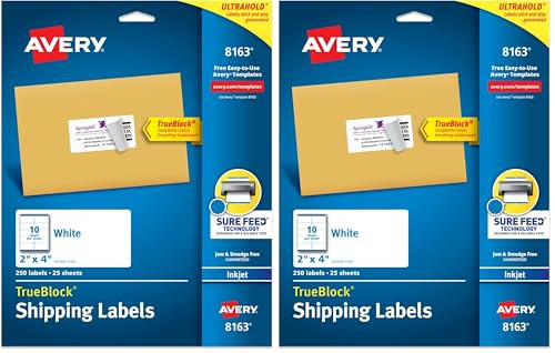 Avery Printable Shipping Labels with Sure Feed, 2" x 4", White, 250 Count 2-Pack