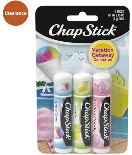ChapStick Vacation Getaway Lip Balm Tubes Cotton Candy, Snow Cone, Limeade 3-Pack