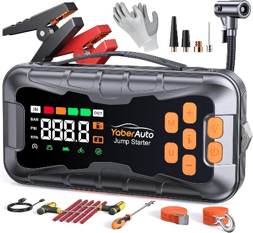 YaberAuto 16-in-1 Jump Starter with Air Compressor 8000A 150PSI (All Gas/14L Diesel)