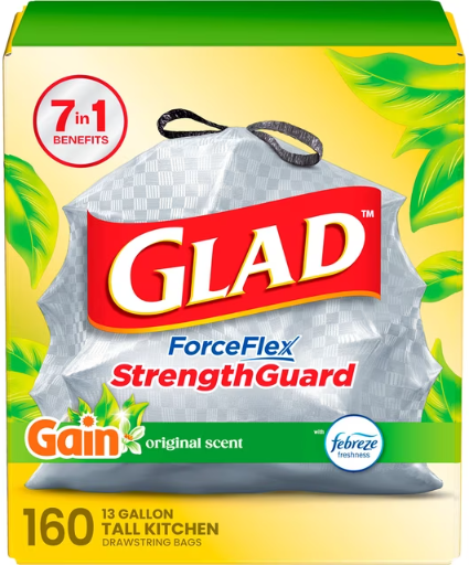 Glad ForceFlex Tall Kitchen Drawstring Trash Bags, 13 Gallon, 160 Count