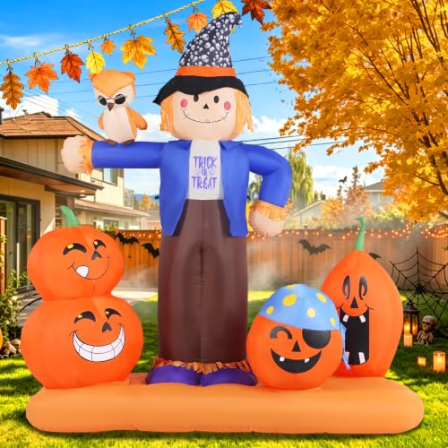GIFTFIND Halloween Inflatable Scarecrow with Pumpkins Owl Outdoor Decor 7.2' H x 6.4' W Deal