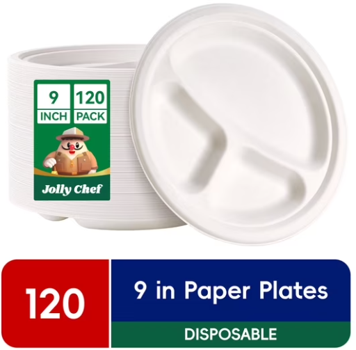 JOLLY CHEF Compostable 3-Compartment Paper Plates 9in 120-Pack Deal