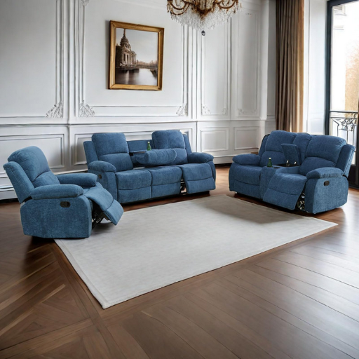 3-Piece Ebern Designs Burneyville Fabric Reclining Living Room Set (Blue)
