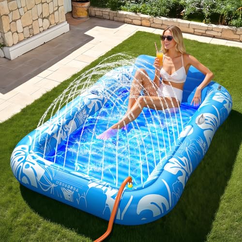 77" x 48" Voice-tank Inflatable Pool Lounger Tanning Float w/ Sprinkler and Detachable Headrest (Blue)