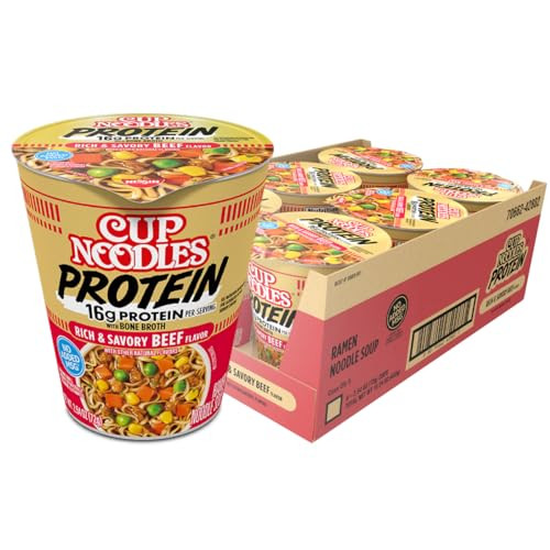 Nissin Cup Noodles Protein Ramen, Beef Flavor with Bone Broth, 16g Protein, 2.54 Ounce Cup (6-Pack)