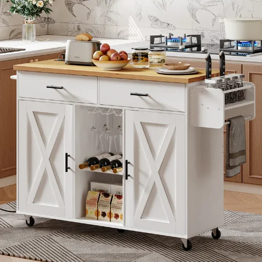 43.3" Gracie Oaks Mayrani Rolling Kitchen Island w/ Storage and Power Outlet