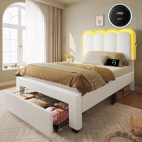 Yitahome Upholstered Platform LED Light Bed w/ Drawer (Twin, Beige)