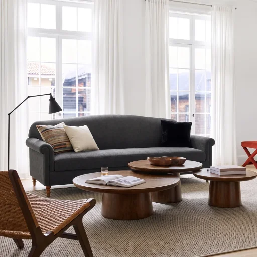 Bellamont Modern Neoclassical Chenille Sofa with Rolled Arms & Rubberwood Legs Deal