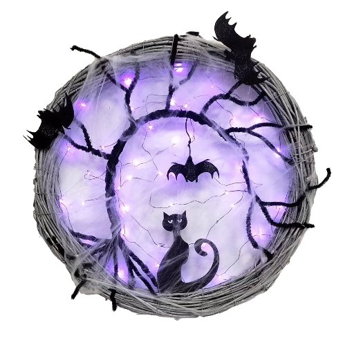 Wiher 18.8-Inch Lighted Bat and Cat Halloween Wreath Decoration with Purple LED Lights