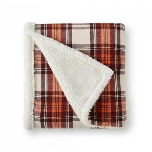Eddie Bauer Reversible Sherpa Fleece Throw Blanket 60" x 50" Edgewood Red