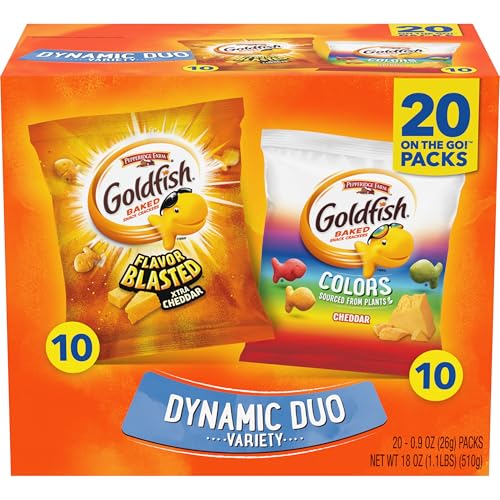 Goldfish Dynamic Duo Variety Pack, Colors Cheddar & Flavor Blasted Xtra Cheddar, Snack Packs, 20 Ct Deal