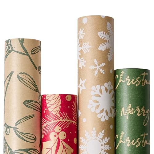 Vintage Recyclable Kraft Christmas Wrapping Paper - 4 Rolls