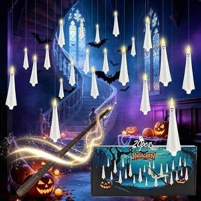 12 Pcs Halloween Ghost Flameless Floating Candles with Wand Remote Timer