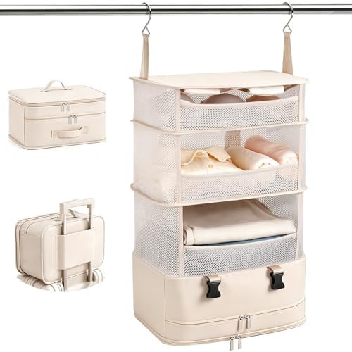 NOBLIGOAL Foldable Hanging Closet Organizer & Packable Storage Bag w/ Luggage Sleeve for Dorm/Travel (Beige) Deal